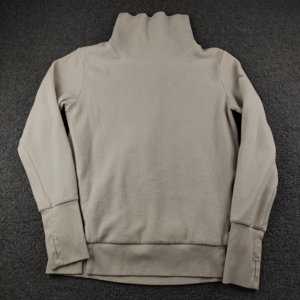 Alo Yoga Haze Pullover Funnel Neck Fleece Sweatshirt Beige SMALL Thumbholes